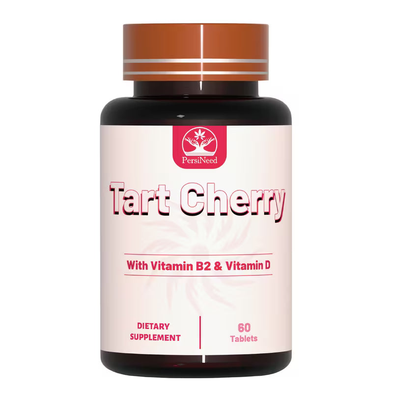 Supplement bottle labeled 'Tart Cherry' with vitamins on a white background