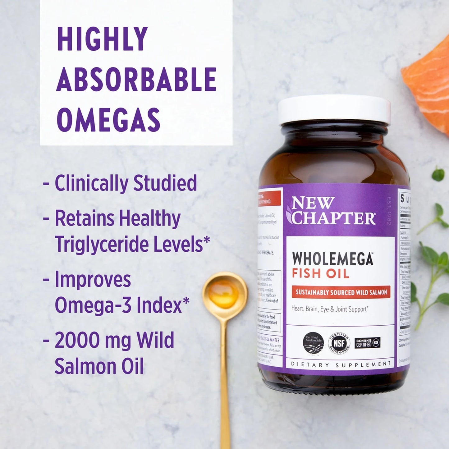 New Chapter Wholemega Fish Oil Supplement - 180 Softgels - 2000mg Wild Alaskan Salmon Oil with Omega-3, Vitamin D3 & Astaxanthin