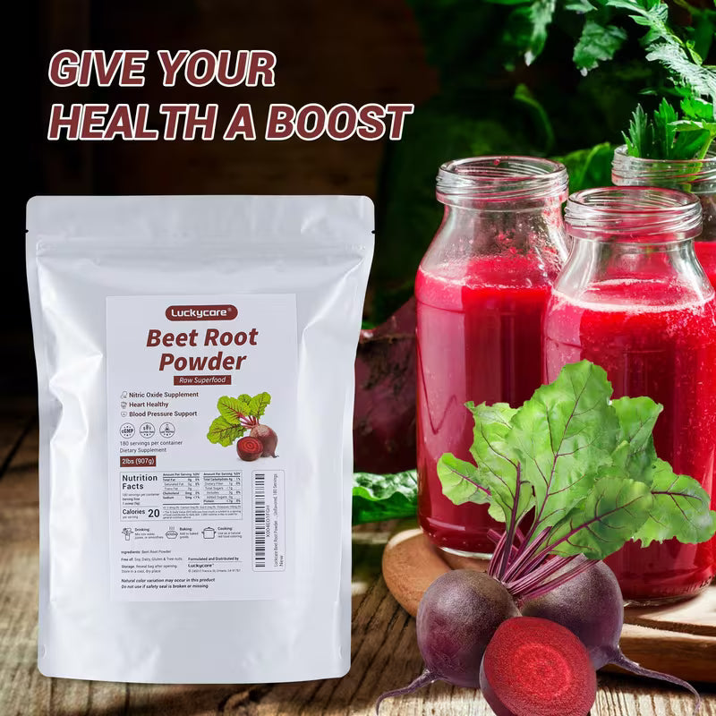 LuckyCare Beet Root Powder package with beetroot juice and fresh beets on a wooden surface.