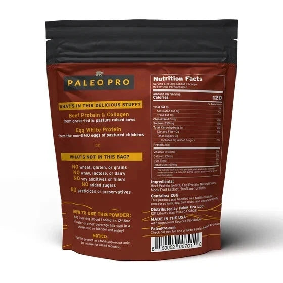 Back view of a Paleo Pro protein powder package with text and nutrition facts.