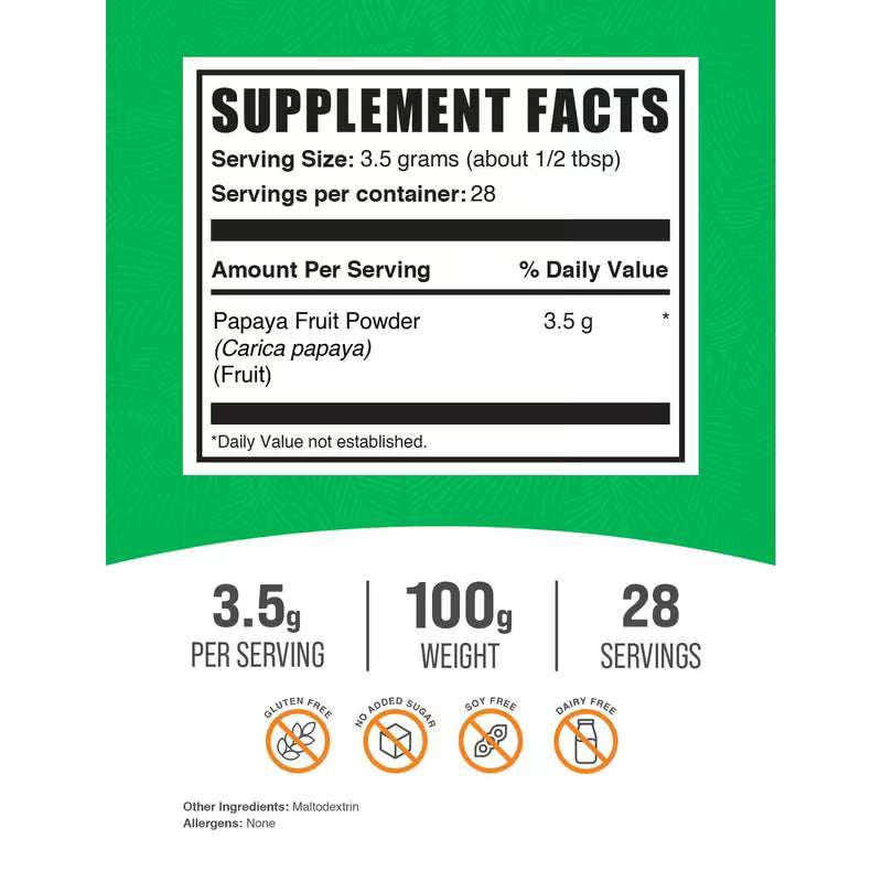 Supplement facts label for papaya fruit powder on a green background