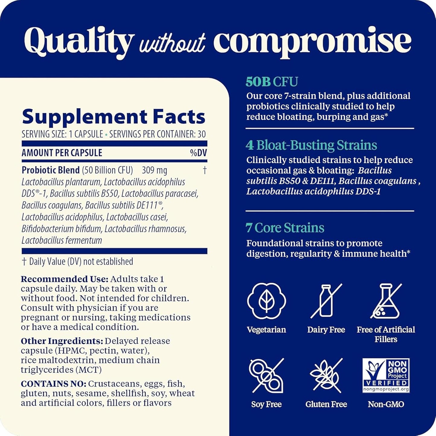 Supplement label with 'Quality without compromise' text on a blue background