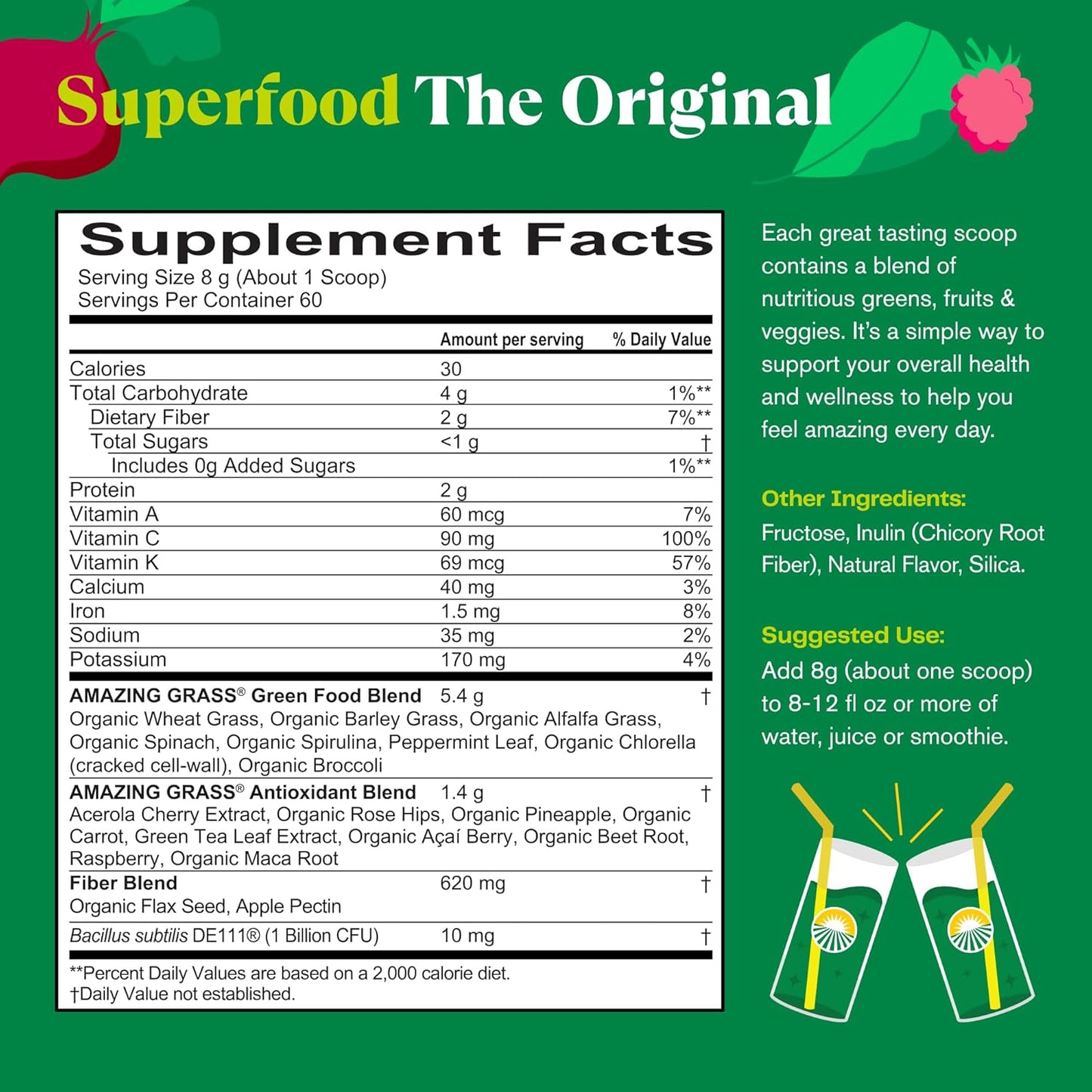 Supplement facts label for a product called 'Superfood The Original' on a green background.