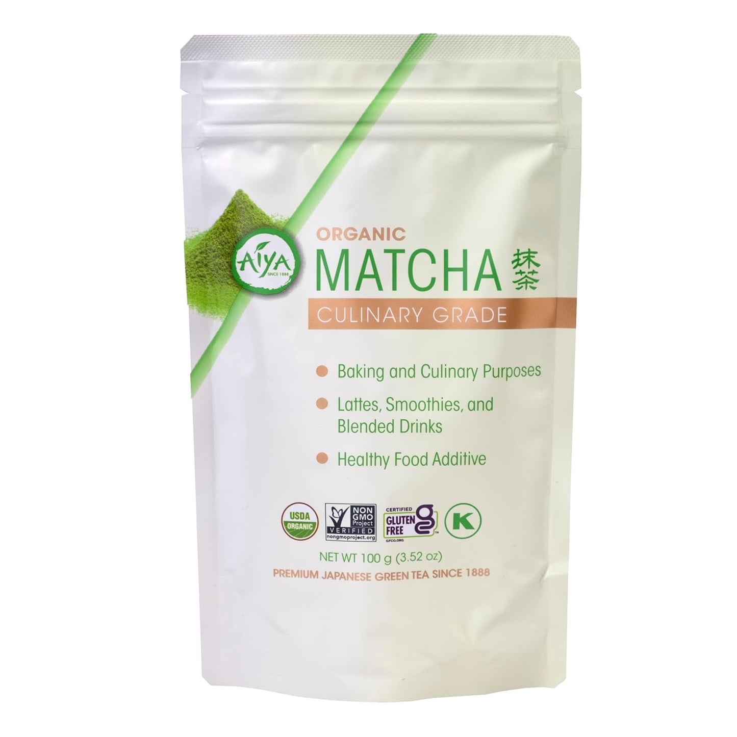 Package of organic matcha green tea powder with branding and product details on a white background