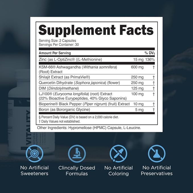 Transparent Labs Vitality Testosterone Booster - Testosterone Supplement for Men with Ashwagandha KSM-66, PrimaVie Shilajit Extract, & DIM to Support Vitality, & Bioavailable Testosterone - 60 Count