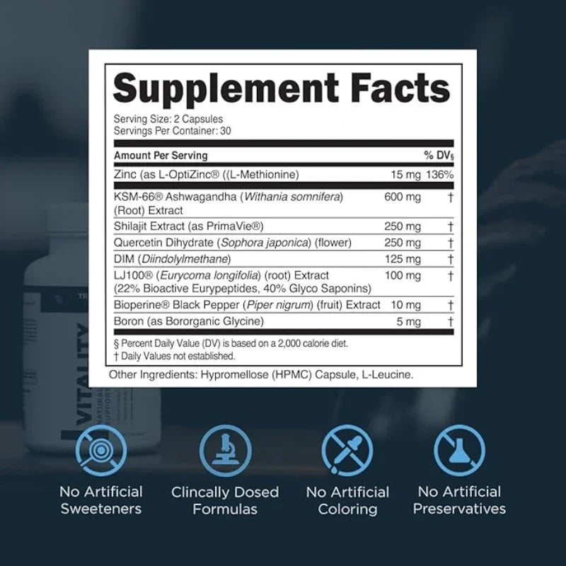 Transparent Labs Vitality Testosterone Booster | KSM-66 Ashwagandha, Shilajit & DIM | 60 Capsules Hormone Support Transparent Labs