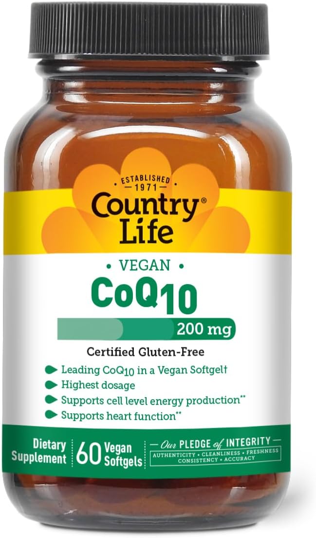 Country Life Simply CoQ10, Supports Heart Function, 200mg, 60 Vegan Softgels, Certified Gluten Free, Certified Vegan