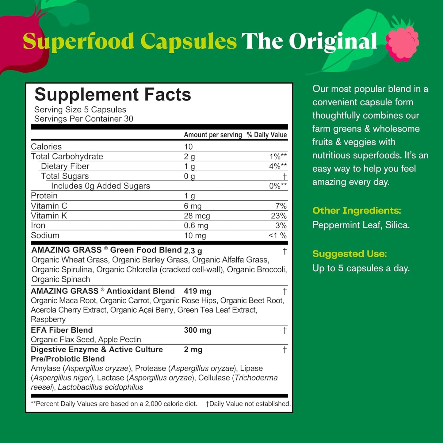 Supplement facts label for Superfood Capsules on a green background
