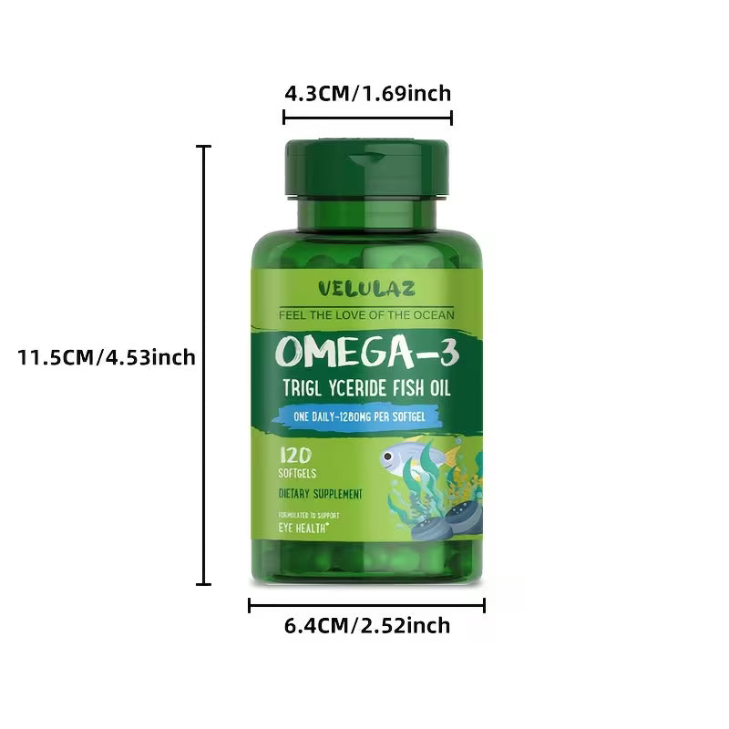Green bottle of Velulaz Omega-3 fish oil with measurements on a white background