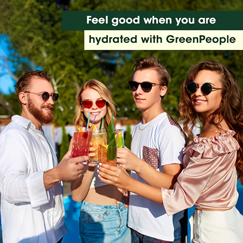 Group of people enjoying drinks outdoors with promotional text for GreenPeople.