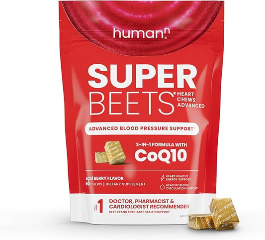 humanN SuperBeets Heart Chews Advanced - 3-in-1 Formula with Beetroot, Grape Seed Extract, & CoQ10, 60 Count