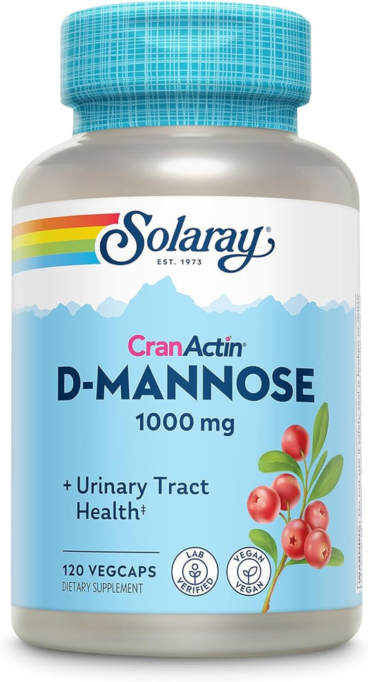SOLARAY D-Mannose 1000mg with CranActin Cranberry Extract - D Mannose Cranberry Supplement with Vitamin C - Supports Urinary Tract and Bladder Health - Vegan 120 VegCaps