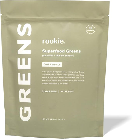 Natural Greens Supplements Superfood Powder Drink by Rookie Wellness, Gut Support Digestive Enzyme, Improve Mood, Immune Support, Crisp Apple (30 Serving Bags)