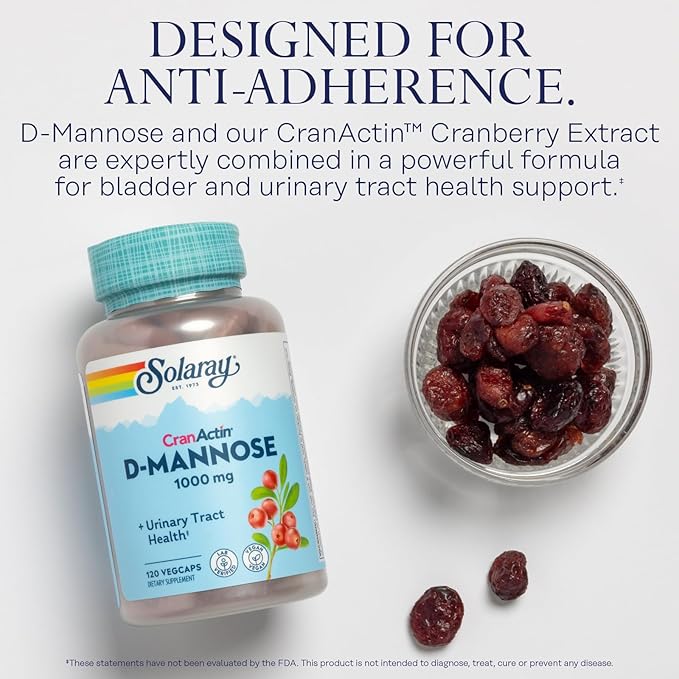 SOLARAY D-Mannose 1000mg with CranActin Cranberry Extract - D Mannose Cranberry Supplement with Vitamin C - Supports Urinary Tract and Bladder Health - Vegan 120 VegCaps