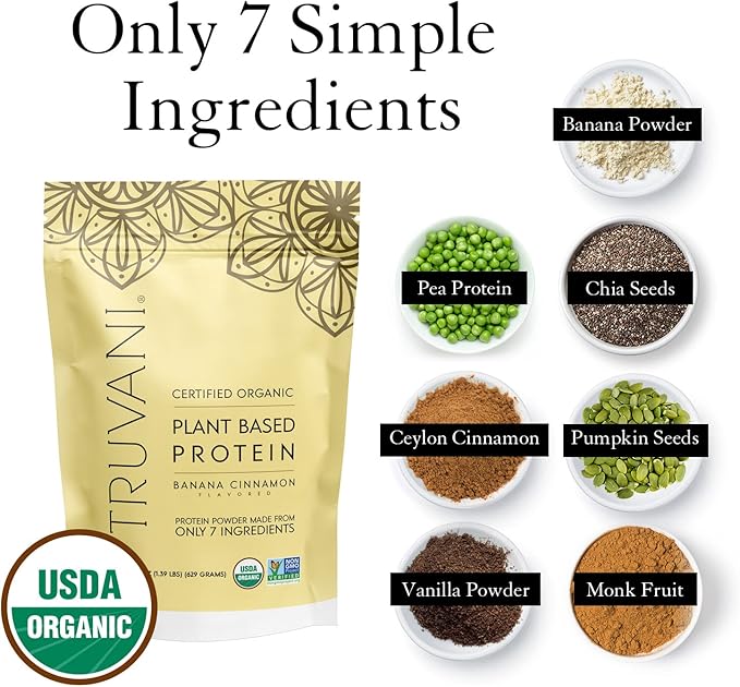 Truvani Vegan Pea Protein Powder | Banana Cinnamon | 20g Organic Plant Based Protein | 20 Servings 22.19 Oz 1.39 lbs