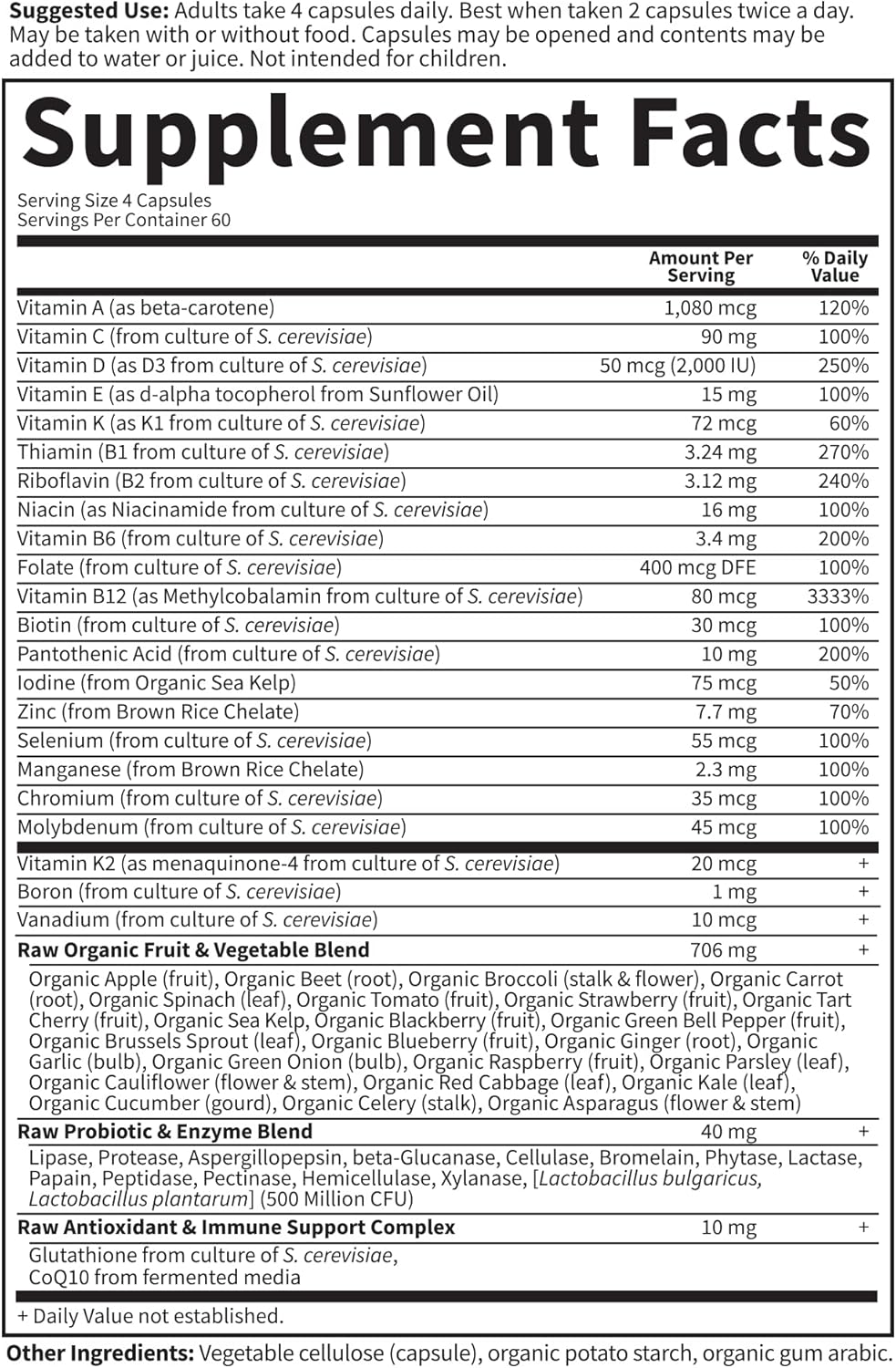 Supplement facts label for a dietary supplement with detailed nutritional information.