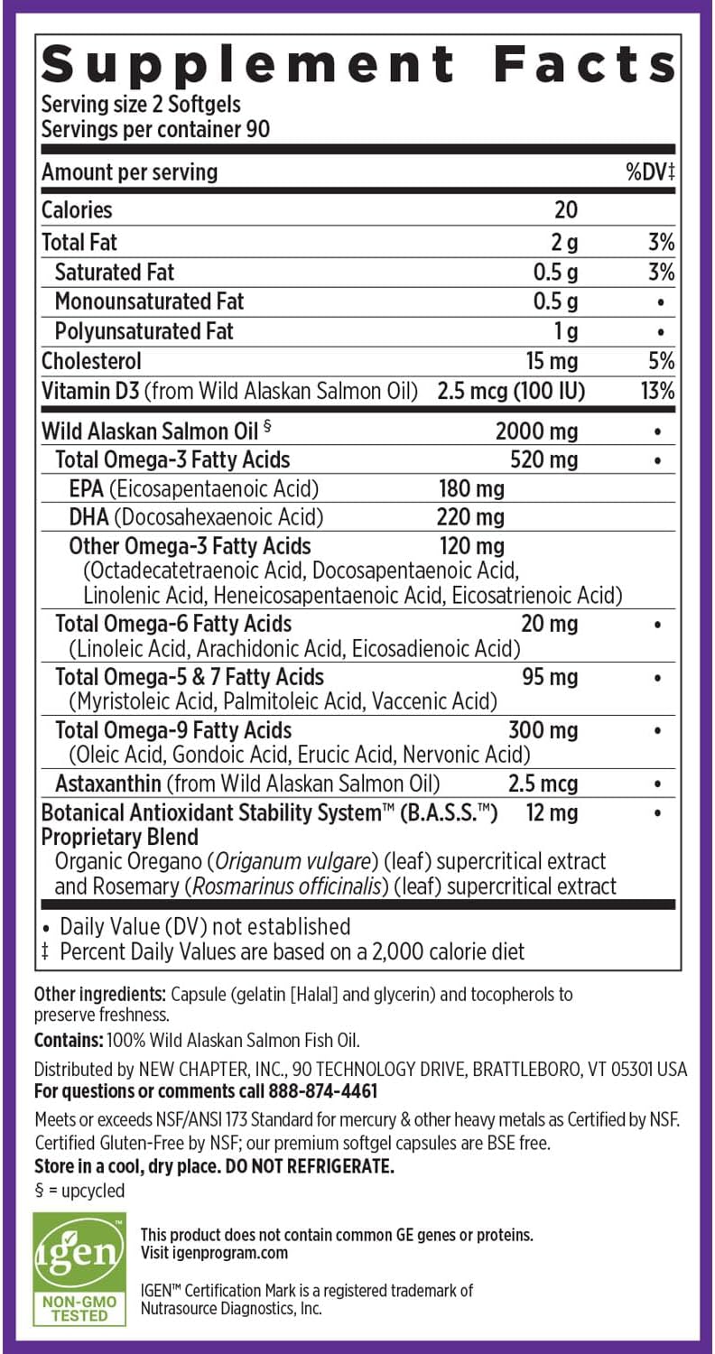 Supplement facts label for Wild Alaskan Salmon Oil with detailed nutritional information.