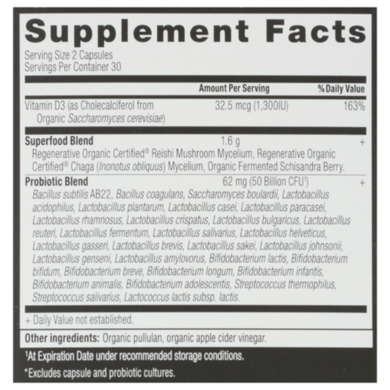 Supplement facts label with detailed nutritional information on a white background