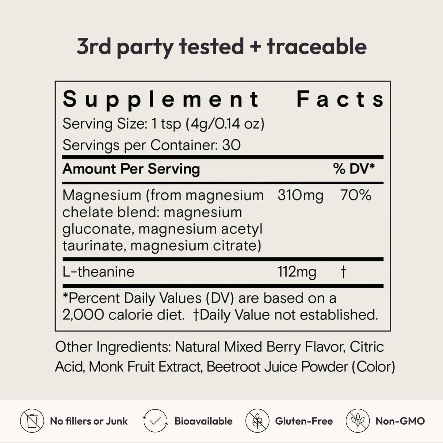 Supplement facts label with magnified text on a light gray background