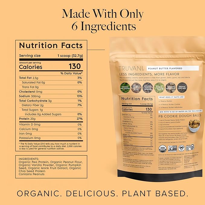 Truvani Vegan Pea Protein Powder | Peanut Butter 1.44 lbs 23.1 oz. | 20 Servings