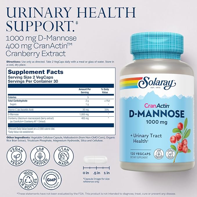 SOLARAY D-Mannose 1000mg with CranActin Cranberry Extract - D Mannose Cranberry Supplement with Vitamin C - Supports Urinary Tract and Bladder Health - Vegan 120 VegCaps