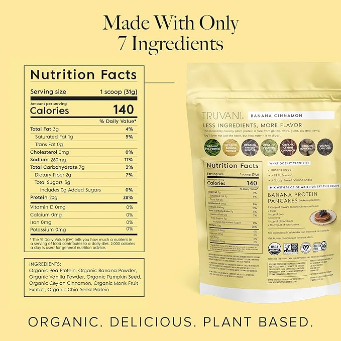 Truvani Vegan Pea Protein Powder | Banana Cinnamon | 20g Organic Plant Based Protein | 20 Servings 22.19 Oz 1.39 lbs