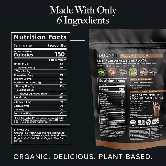 Truvani Vegan Pea Protein Powder | Chocolate | 20g Organic Plant Based Protein | 18 Servings | Keto | Gluten & Dairy Free | Low Carb | No Added Sugar