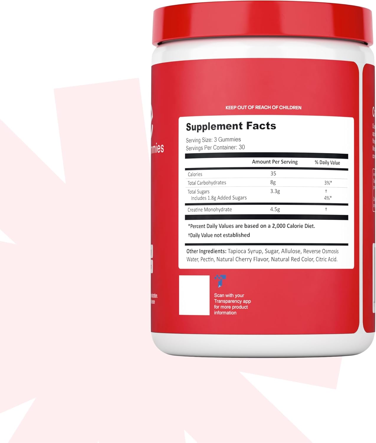 Supplement container with red lid and white label displaying supplement facts.