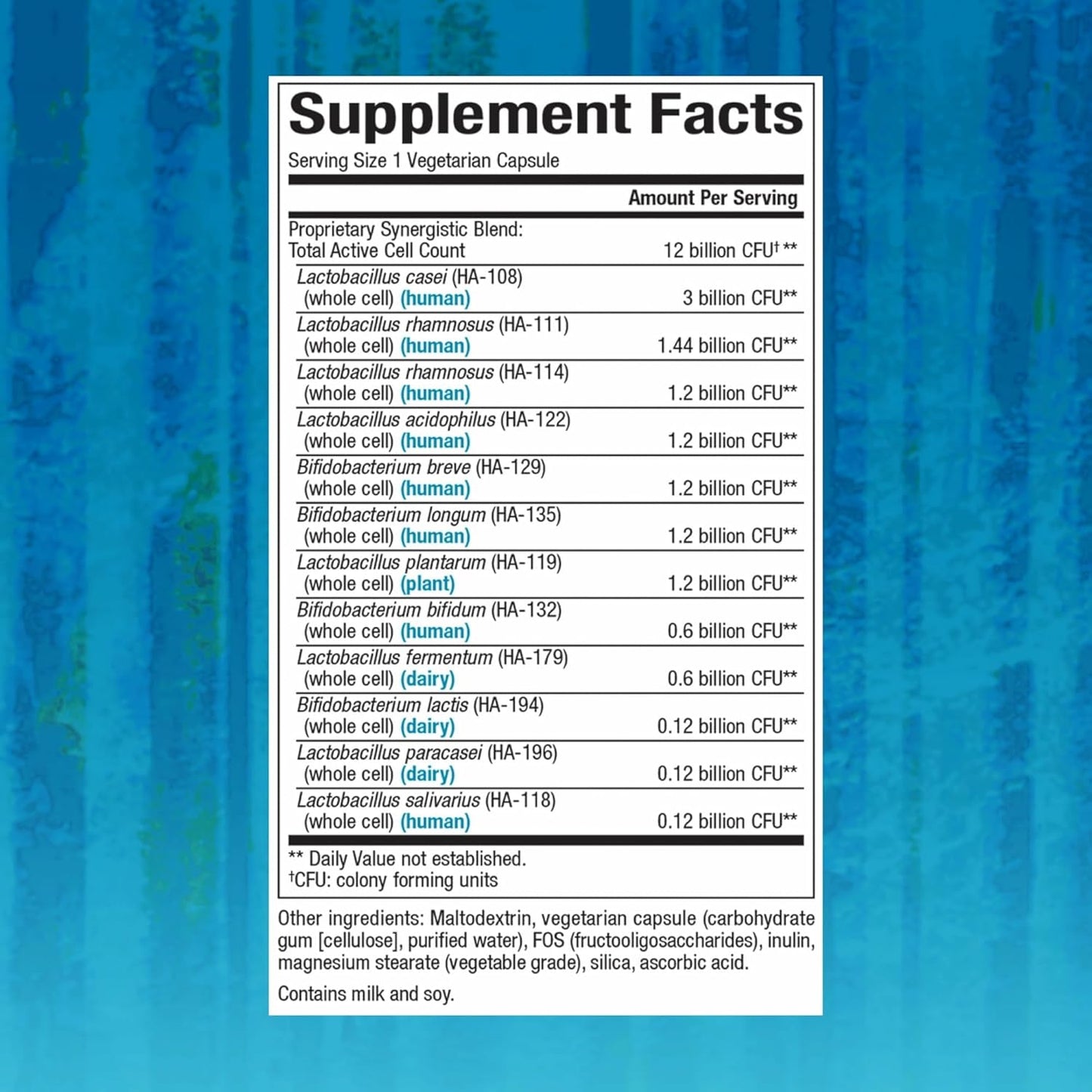 Supplement facts label on a blue background