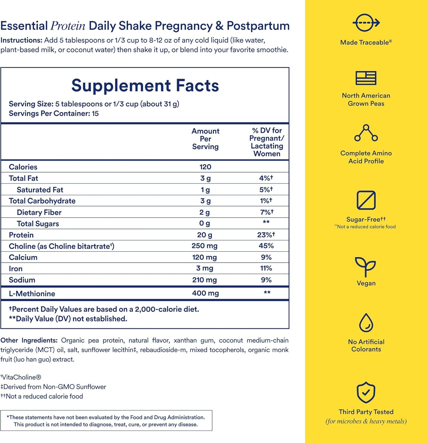 Supplement label for Essential Protein Daily Shake with pregnancy and postpartum benefits.
