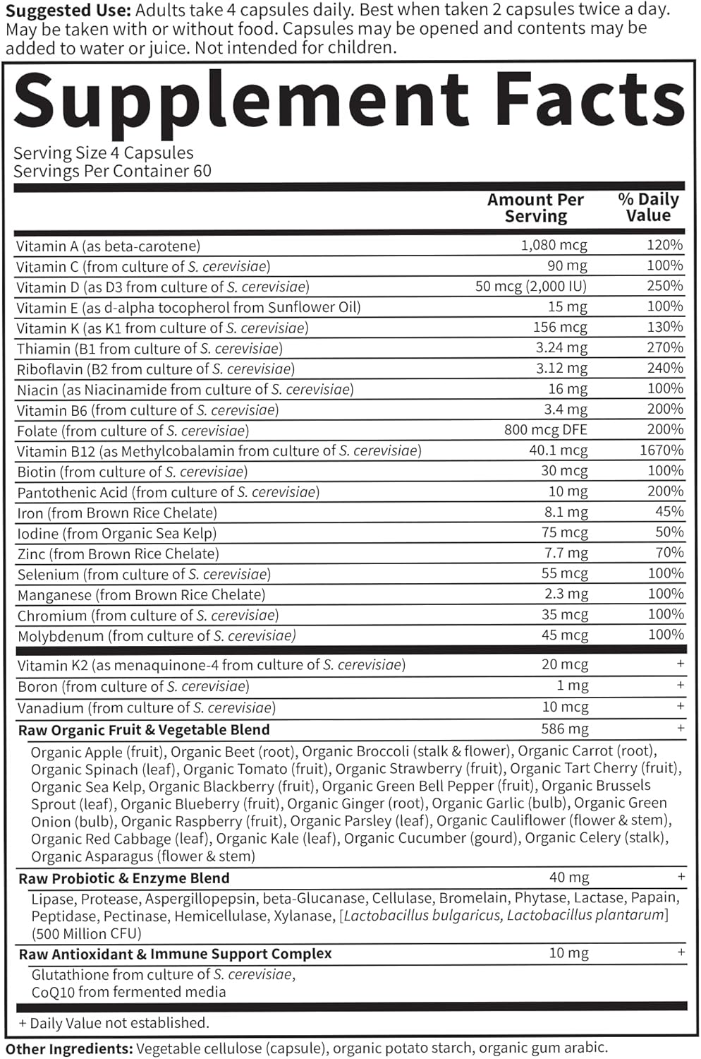 Supplement facts label with detailed nutritional information on a white background