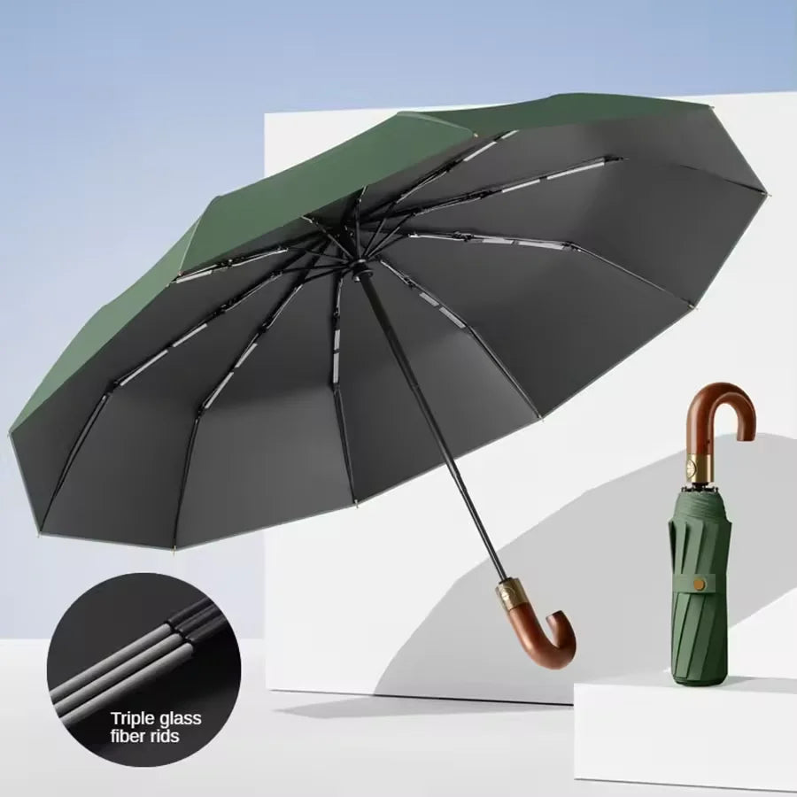 Windproof Auto Folding Umbrella – UV Protection & Wooden Handle