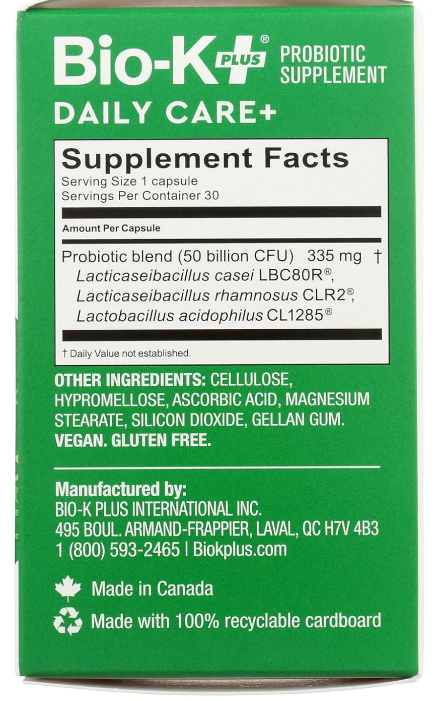 Bio-K Plus Dailycare 50 Billion Probiotics Supplement Facts label showing active ingredients, CFU count, and usage directions.