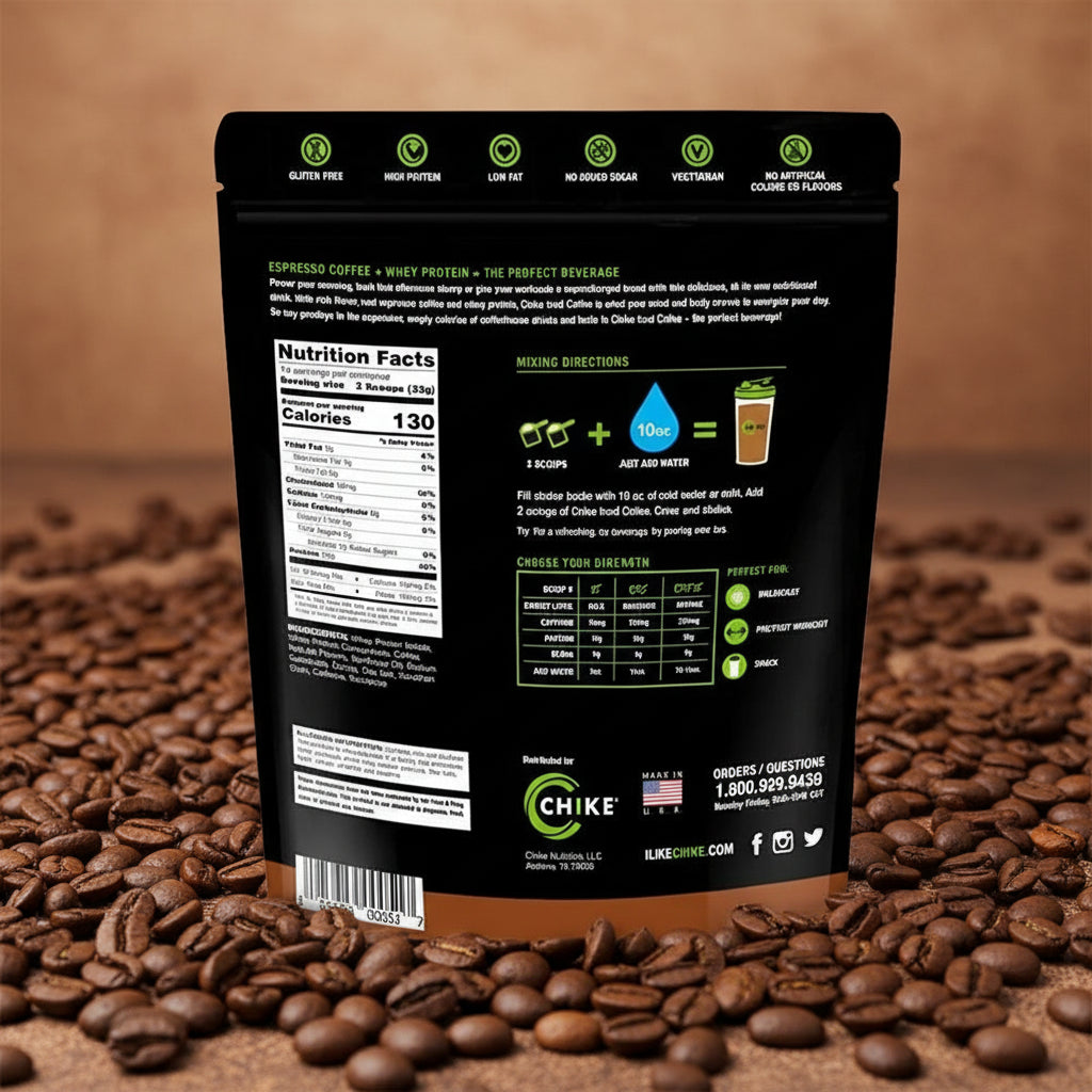 Back view of a Chike protein powder package with nutrition facts and mixing directions.