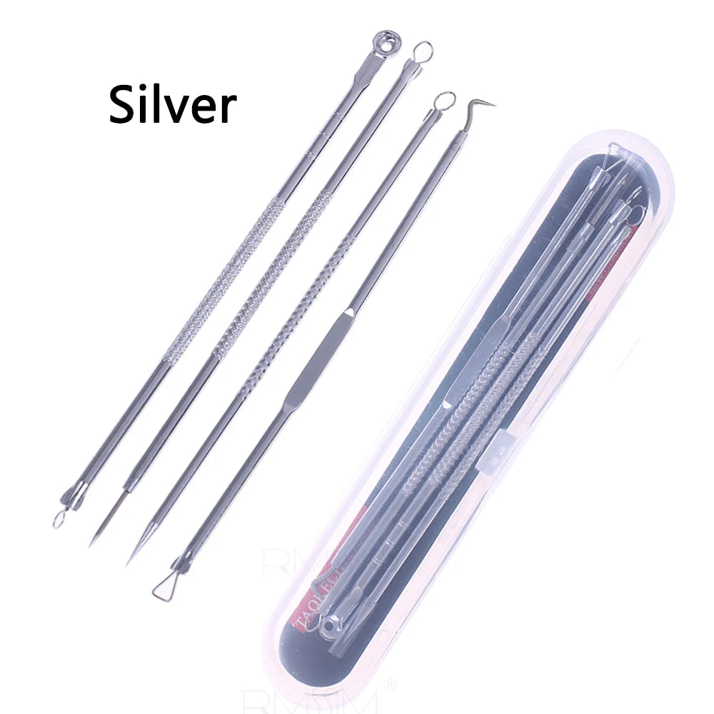 4pcs/set Blackhead Comedone Acne Pimple Blackhead Remover Tool Spoon for Face Skin Care Tool Needles Facial Pore Cleaner Peaceful Pleasures Health and Wellness Silver