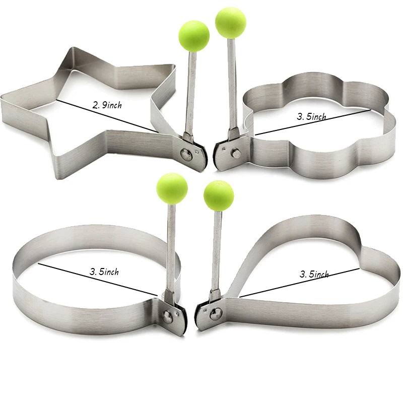 4-Piece Stainless Steel Egg & Pancake Shaper Mold Set – Flower, Heart, Circle & Star Shapes for Fun Family Cooking