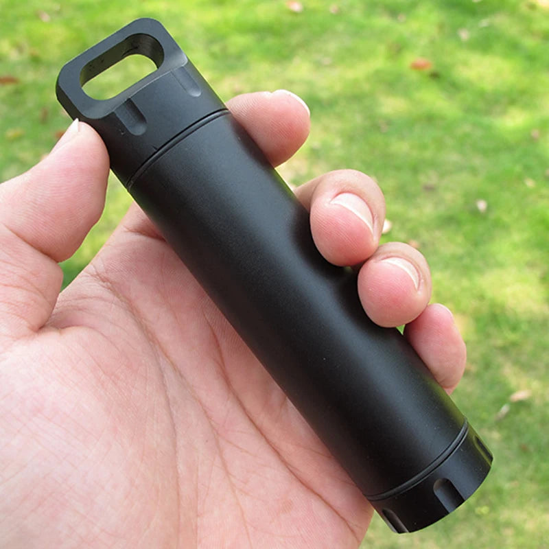 Portable Waterproof Capsule Seal Bottle Aluminum Alloy Outdoor Survival Pill Box Multifunctional Container Outdoor Tools Peaceful Pleasures Health and Wellness black China Mainland