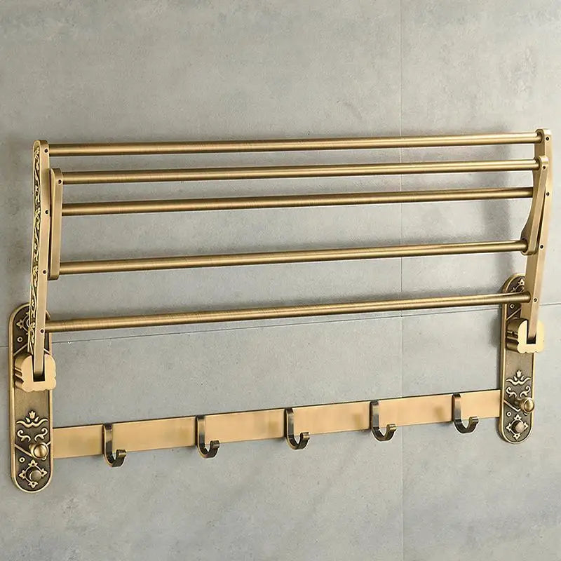 Foldable Antique Brass Aluminum Bath Towel Rack with Hooks
