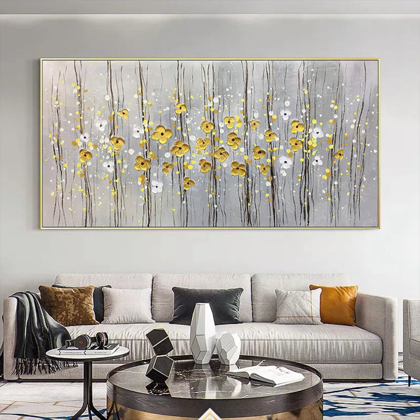 Nice Picture Money Golden Flowers Design Wall Art Poster For Home Deocr Hand Painted Oil Painting On Canvas For Living Room Sofa Peaceful Pleasures Health and Wellness