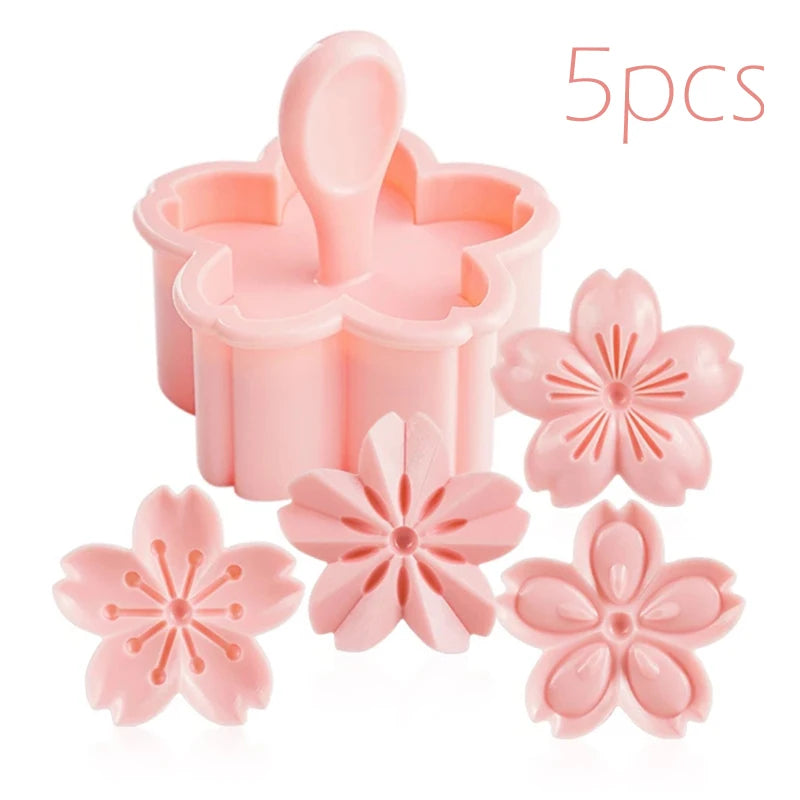 5-Piece Sakura Cherry Blossom Cookie Cutter & Stamp Mold Set – Floral Biscuit & Fondant Baking Tool
