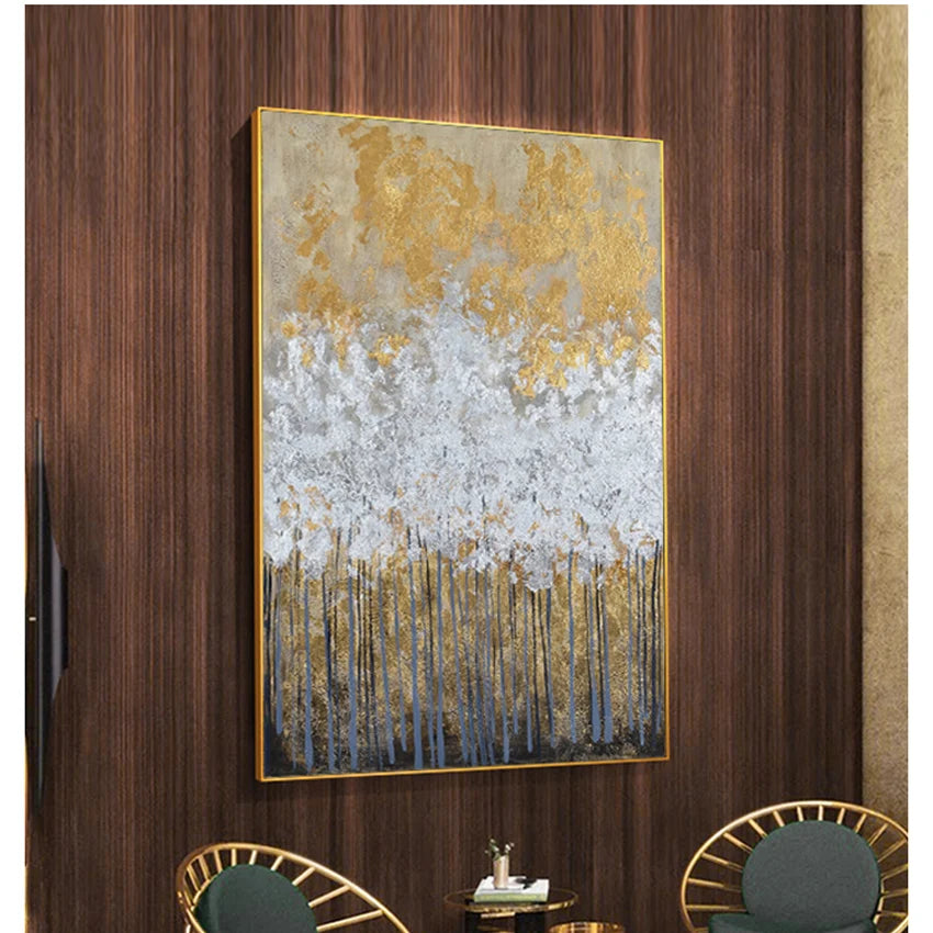Abstract Gold Foil Handmade Canvas Oil Painting Forest Hanging Poster Home Decoration Art Custom Mural Living Room Bedroom Hotel Peaceful Pleasures Health and Wellness