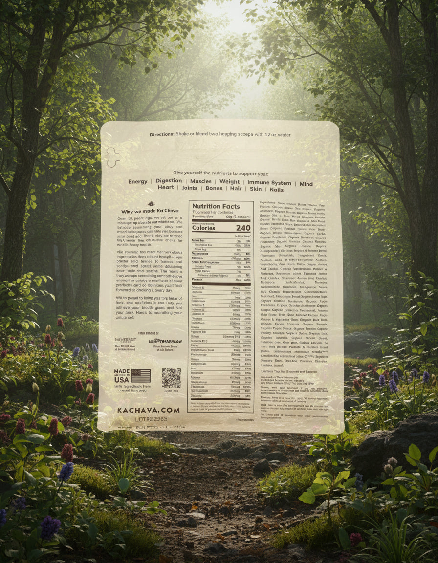 Nutrition facts and ingredient list for Ka'Chava Chai All-In-One Shake (14 total servings). Ka'Chava Chai All-In-One Nutrition Shake nutrition facts label for the 7-serving bag showing protein and micronutrients.