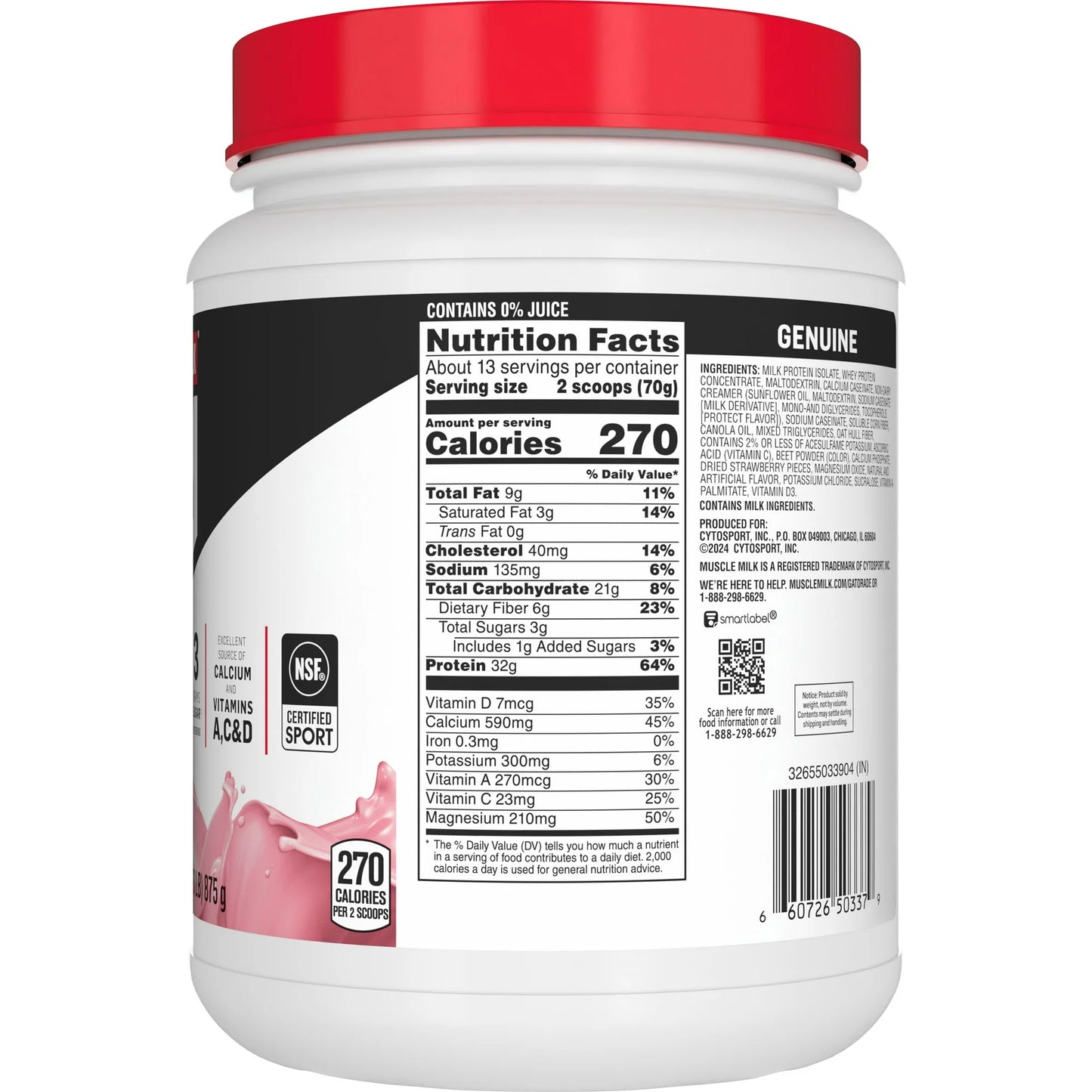 Pair of 2 TWO Muscle Milk Genuine Protein Powder, Strawberries 'N Crème, 32g Protein, 1.93lb, 30.9oz