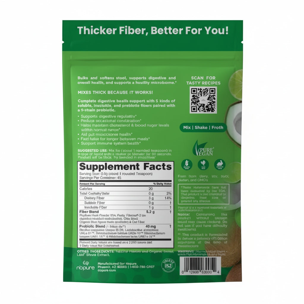 Back of the Nbpure Coconut Lime Daily Multi-Fiber pouch, showing the Supplement Facts panel. The label highlights 5 grams of total dietary fiber, 5 kinds of soluble and insoluble fiber, and 40 mg of a 9-strain probiotic blend per serving.