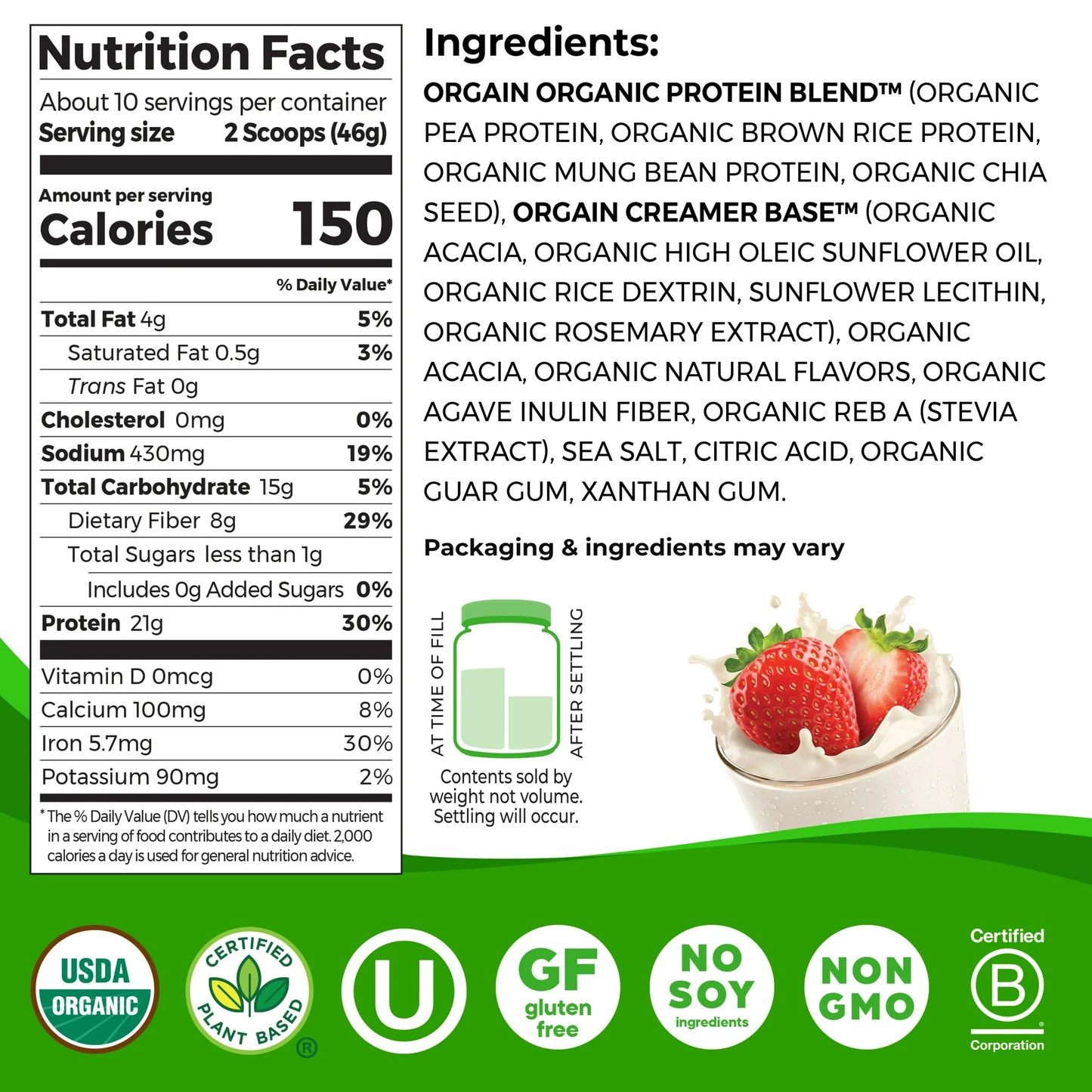 2 Pack TWO Orgain Organic Vegan 21g Protein Powder, Plant Based Shake Drink, Strawberries and Cream 16.3 Oz