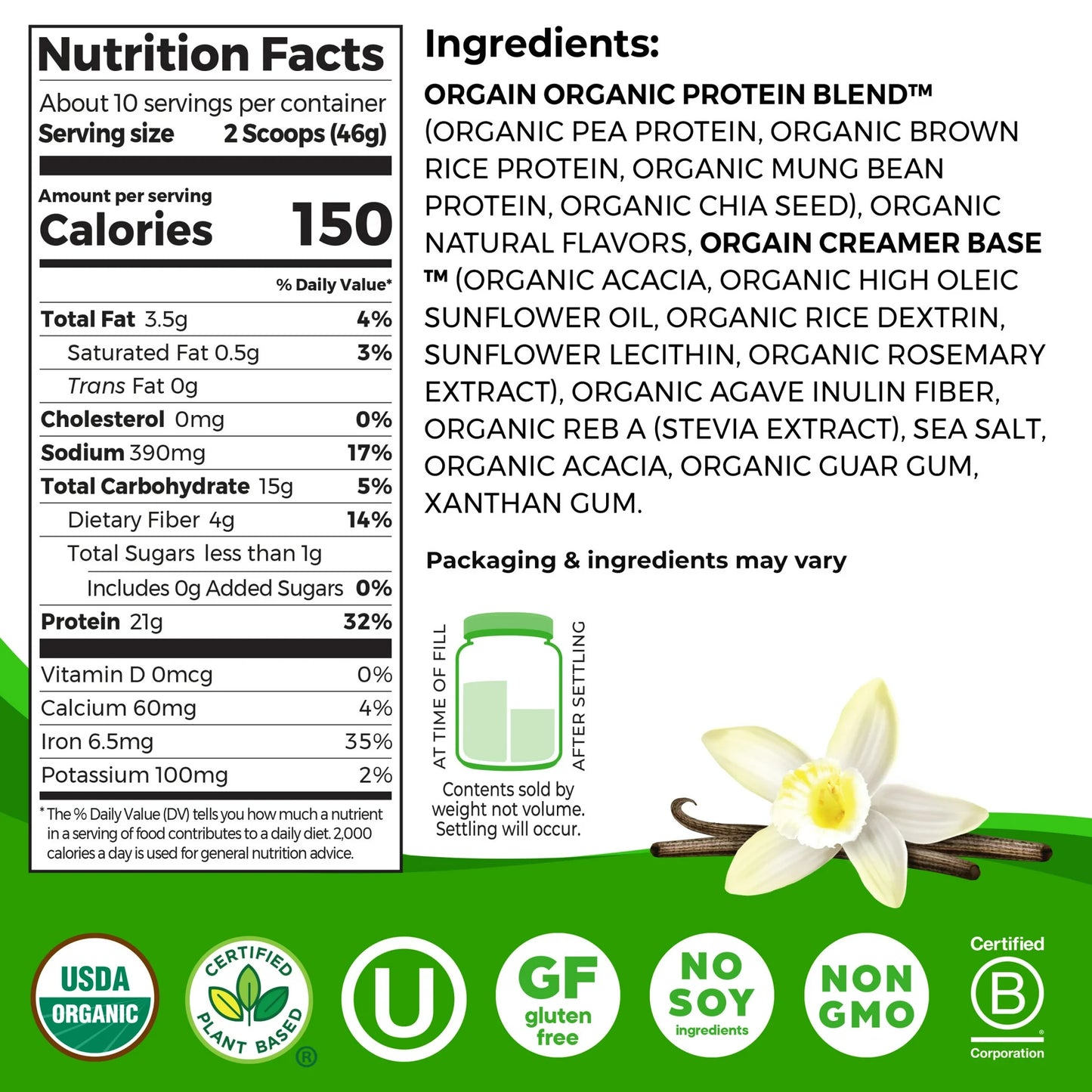 Nutrition facts and ingredients label for a protein supplement with vanilla flavor.