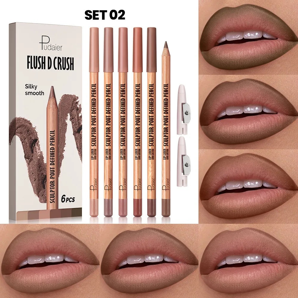 Pudaier Waterproof Matte Nude Lip Liner Set – 6 Pcs