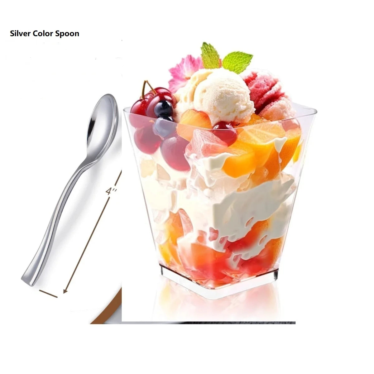25/50 5oz Dessert Cups with Spoons Clear Plastic Parfait Appetizer Cups Dessert Shooters Party Serving Cups for Pudding Mousse Peaceful Pleasures Health and Wellness Silver 50pcs