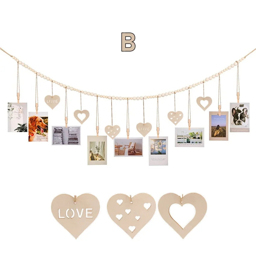 Rustic Boho Hanging Photo Display | Wood Beads, Clips & Tags