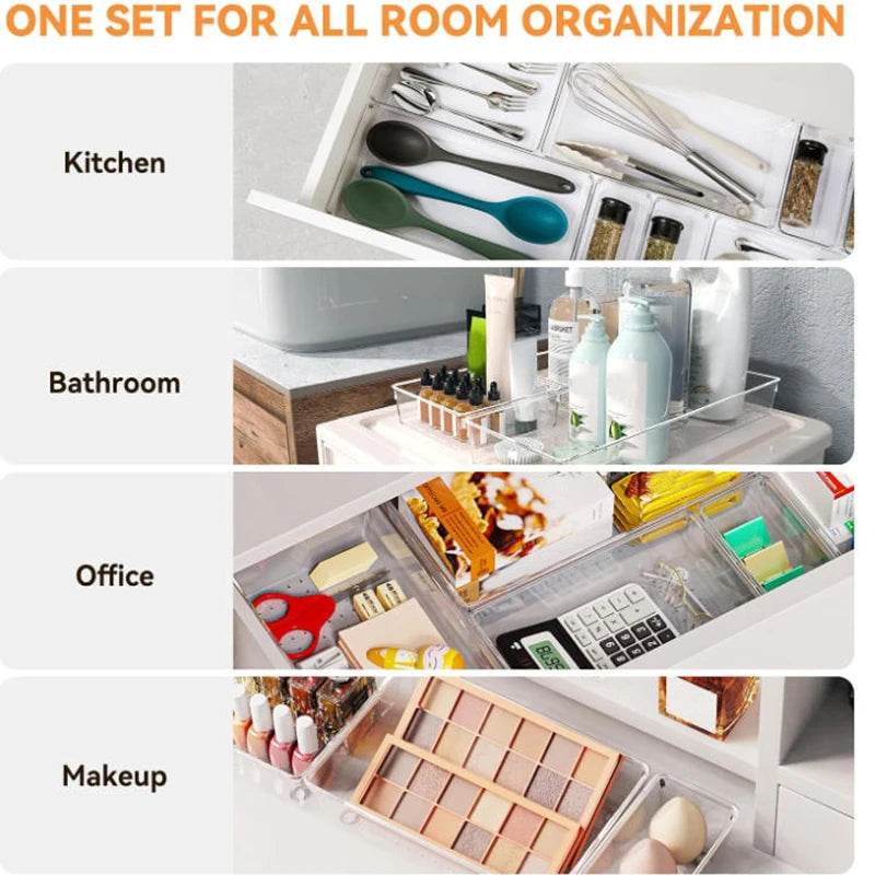 4 Pack Clear Plastic Drawer Organizer Trays, Acrylic Kitchen Drawer Organization and Storage Dividers, Storage Bins for Makeup